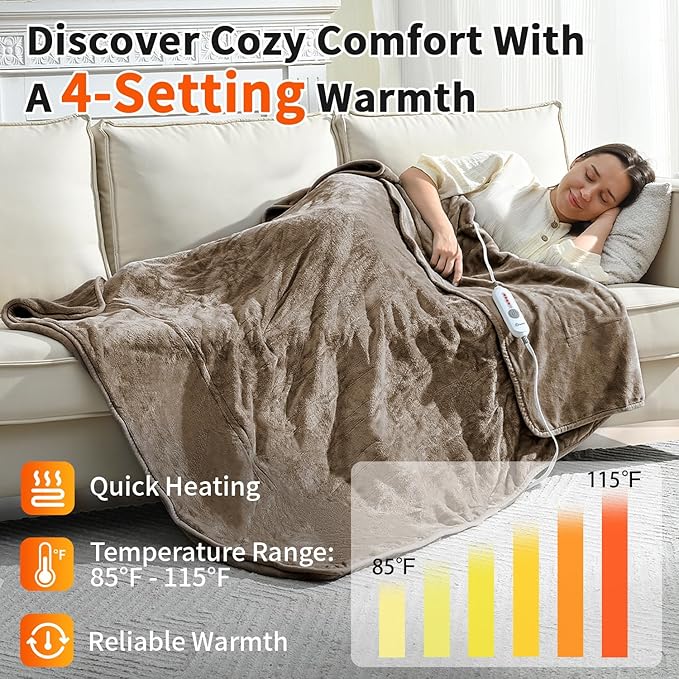 Heated Electric Blankets - Soft Flannel Electric Throw Heating Blanket Throw 50" x 60" Taupe - Velvet & Velvet