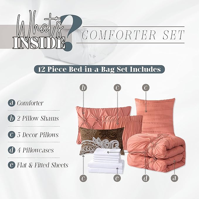 Elegant Comfort 12-Piece Bed-in-a-Bag, Ella Pleated Ruched Pintuck Comforter Set, 6-Piece Sheet Set Featuring Smart Pockets, Matching Decorative Pillows, All Season Bedding,California King, Dusty Rose