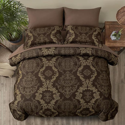 WONGS BEDDING Damask Comforter Set King Size, Coffee Gold Texture Design 7 Pcs Bed in a Bag Microfiber Comforter Bedding Sets -1 Comforter, 1 Flat Sheet, 1 Fitted Sheet, 2 Pillow Shams,2 Pillowcases