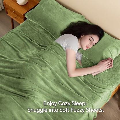 BEDELITE Flannel Sheets Full Size Green - Super Soft Fleece Sheets Set Fluffy Extra Plush, 4 Piece(Include Fitted Sheet, Flat Sheet, 2 Pillowcases)