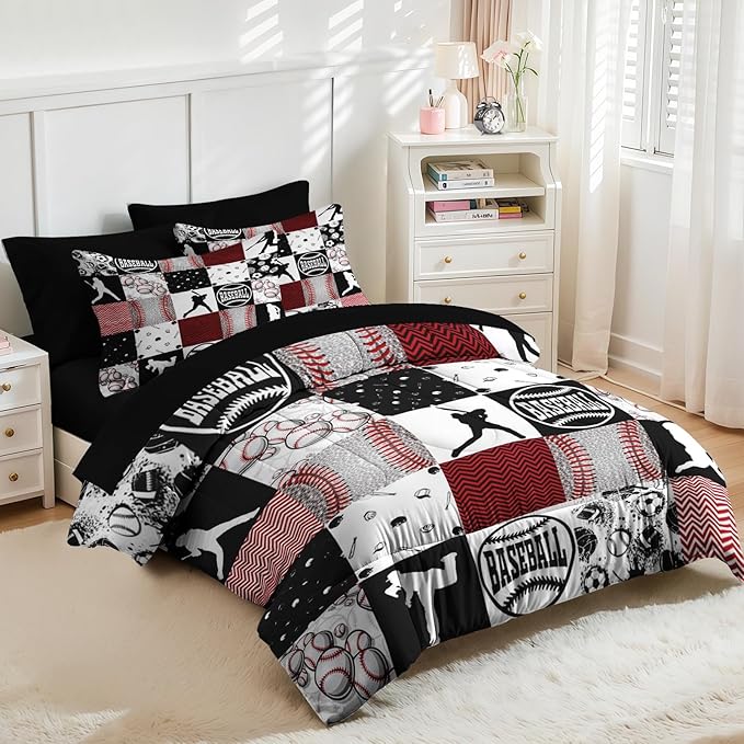 Nesker 5 Pcs Comforter Set Twin Size, Baseball Softball Sports Boys Bedding Set for Kids and Adults, Red Black Gray Patchwork Checked Bed Sheet Sets with Fitted Sheet Pillowcases & Shams