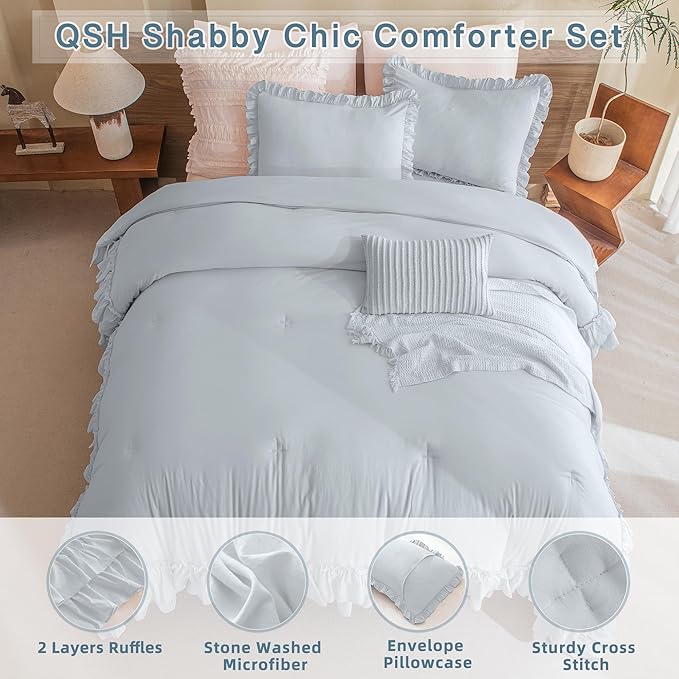 Queen's House Light Blue Farmhouse Ruffled King Size Comforter Set,Lightweight Microfiber Inner Fill Fluffy Boho Chic Bedding Comforter,Ultra Soft Microfiber Inner Fill Bedding