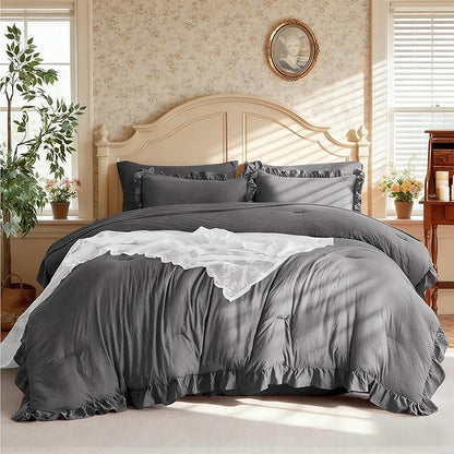 MR&HM Queen Comforter Set Dark Grey, Comforter Set 7 Pieces for Girls Women, Shabby Chic Vintage Cottagecore Bed Sets Elegance Boho Bed in a Bag, Ultra-Soft & Fluffy Comforter for All Season