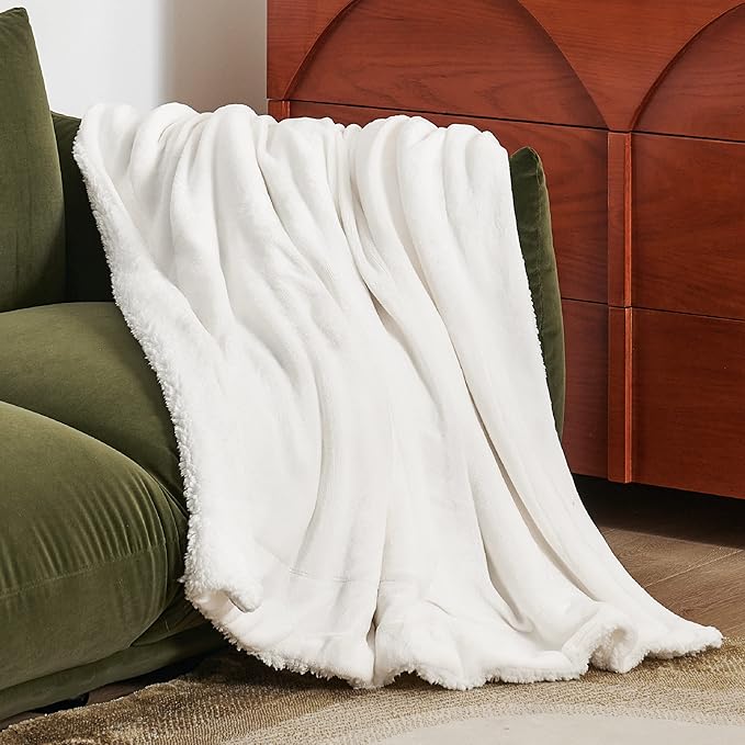 Bedsure GentleSoft Sherpa Fleece Throw Blanket Twin Size for Couch - Thick and Warm Throw for Women and Men, Soft Fuzzy Plush Twin Blanket for Winter, Non-Heated, White, 60x80 Inches