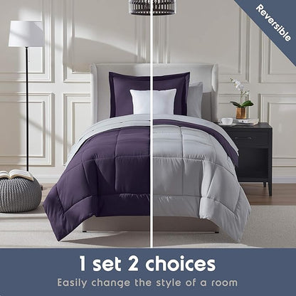 Nestl 5 Piece Twin Comforter Set – Purple Reversible Bed in a Bag – Complete Twin Size Bedding Set with Sheets, Pillowcase and Sham