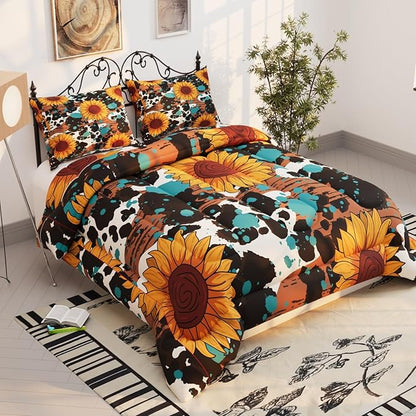 Sunflower Comforter Set, 3D Black Cow Theme Pattern for Kids Teens Adults,Decorative Bedding Comforter Sets with 2 Pillow Shams, King Size