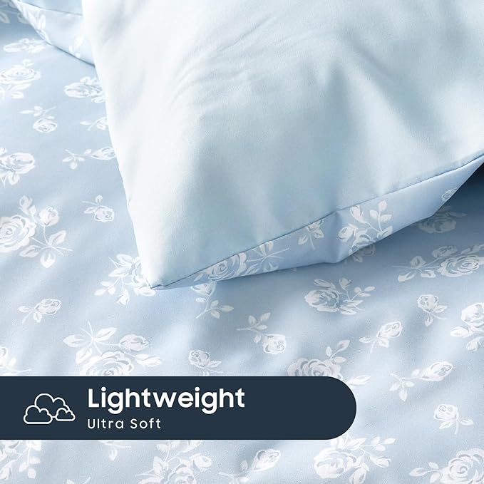 Wake In Cloud - Floral Comforter Set with Sheets, Coquette Cottagecore Aesthetic Flower Shabby Chic Pattern for Women Teen Girls, 7 Pieces Bed in a Bag, Light Blue, Queen Size