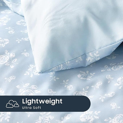 Wake In Cloud - Floral Comforter Set with Sheets, Coquette Cottagecore Aesthetic Flower Shabby Chic Pattern for Women Teen Girls, 7 Pieces Bed in a Bag, Light Blue, Queen Size