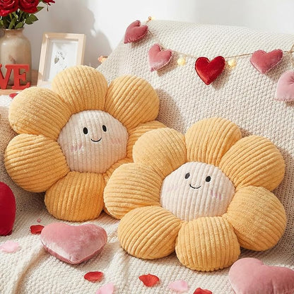 2 Pcs Smile Face Flower Pillows 15" Yellow Flower Throw Pillows Decorative Daisy Floor Seating Cushion Aesthetic Cute Seat Cushion for Bed Sofa Couch Home Decor Bedroom Living Room Chair