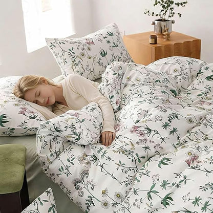 Queen Comforter Set – White Green Botanical Floral Cotton Shell Bedding, Soft & Breathable, All-Season Down-Alternative Fill, Includes 1 Comforter & 2 Pillow Shams