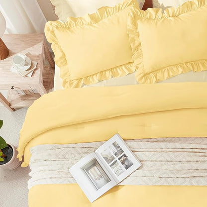 Andency Yellow Ruffle Comforter Cal King(104x96Inch), 3 Pieces(1 Ruffled Comforter and 2 Pillowcases) Solid Farmhouse Shabby Chic Bed, Vintage Rustic Soft Microfiber Bedding Set