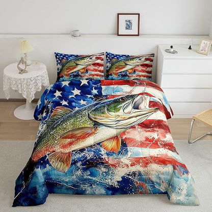 Erosebridal Pike Fish King Bedding Set,American Flag Fishing Comforter Set for Kids Boys Men,Big Bass Fish Comforter,Rustic Vintage Lake House Bedroom Room Decor,2 Pillowcases Breathable