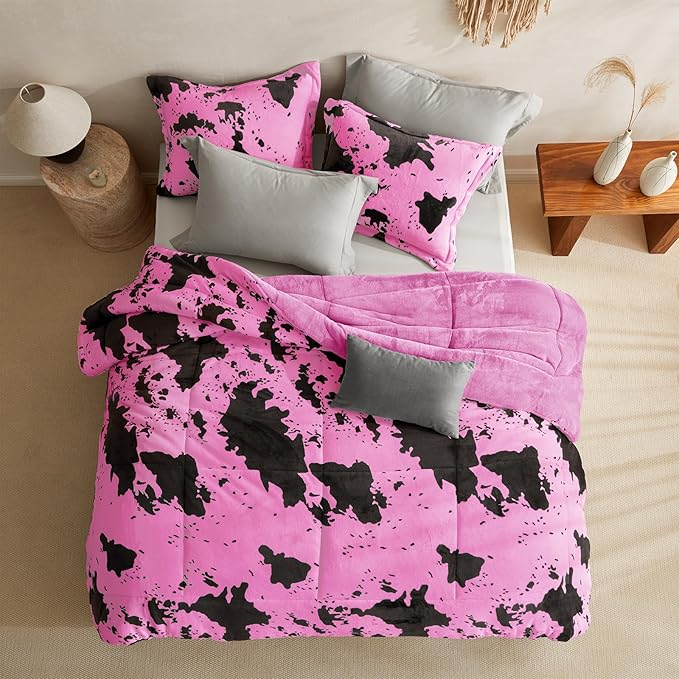Petrichor Velvet Flannel Twin Comforter Set-Cow Print Western Style Blanket,Luxury Fuzzy Heavy Bedding Set, 2 Pieces Plush Winter Bed Set with Comforter (68"x88") & 1 Pillow Shams (20"x26")