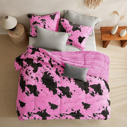 Petrichor Velvet Flannel King Comforter Set-Cow Print Western Style Blanket,Luxury Fuzzy Heavy Bedding Set, 3 Pieces Plush Winter Bed Set with Comforter (90"x104") & 2 Pillow Shams (20"x36"