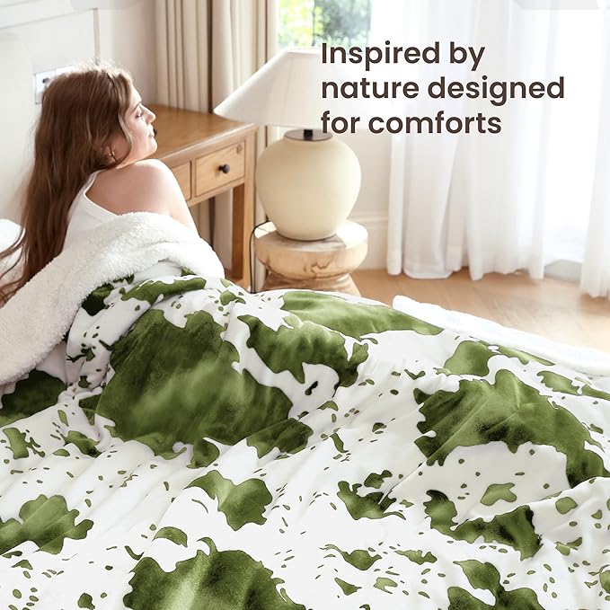 Cow Print Heated Electric Blanket King Size-Dual Control Heating Blanket King Size with 10 Heat Levels & 10 Hours Auto-Off, Cozy Soft Fleece Sherpa, Washable, 90x100 Inche Cow Print Sage
