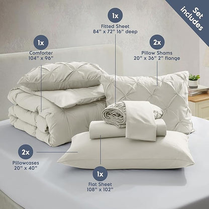 Nestl California King Comforter Set 7 Piece - Pintuck Cal King Comforter Set Off White, California King Bed in a Bag, All Season Bed Set with Flat Sheet and Fitted Sheet, Pillowcases and Shams