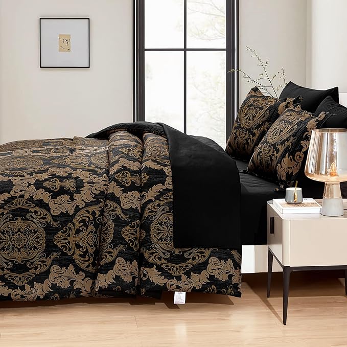 WONGS BEDDING Black Comforter Set King Size, Gold Damask Texture 7 Pieces Bed in a Bag Microfiber Comforter Bedding Sets -1 Comforter, 1 Flat Sheet, 1 Fitted Sheet, 2 Pillow Shams, 2 Pillowcases
