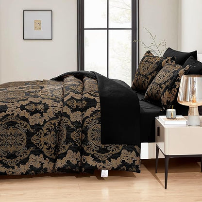 WONGS BEDDING Black Comforter Set Queen Size, Gold Damask Texture 7 Pieces Bed in a Bag Microfiber Comforter Bedding Sets -1 Comforter, 1 Flat Sheet, 1 Fitted Sheet, 2 Pillow Shams, 2 Pillowcases