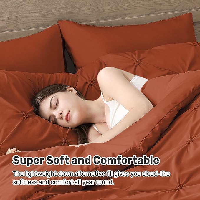 UNIKOME King Size Comforter Set Burnt Orange - Ultra Soft Boho Pintuck Down Alternative Bedding Set for All Seasons, 3 Pieces Lightweight Warm Pinch Pleat Bed Set with Comforter, 2 Pillowcases