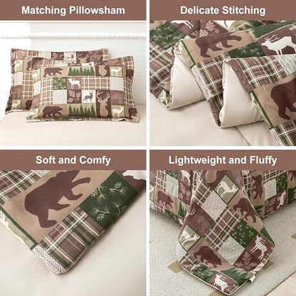 Comforter Set Queen Size Bear Moose Plaid Comforter Bedding-7 Piece Bed in a Bag,Soft Reversible Patchwork Microfiber Bedding Set (1 Comforter,1 Flat Sheet,1 Fitted Sheet,2 Pillowcases,2 Pillow Shams)