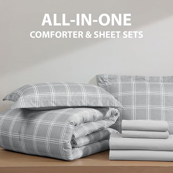 Cathay Home Basic Bedding Home Essential Ultra Soft Lightweight 7PC Wrinkle Resistant Microfiber Bed in a Bag Set (Includes Complete Sheet Set & Comforter Set) - Grey Plaid, King
