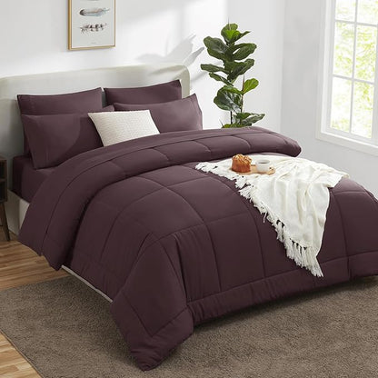 CozyLux Full Size Comforter Set Cocoa Powder, 7 Pieces Bed in a Bag, Cocoa Powder Comforter Full Size, All Season Bedding Sets with Stitch Quilted Comforter, Flat Sheet, Fitted Sheet, Pillowcases