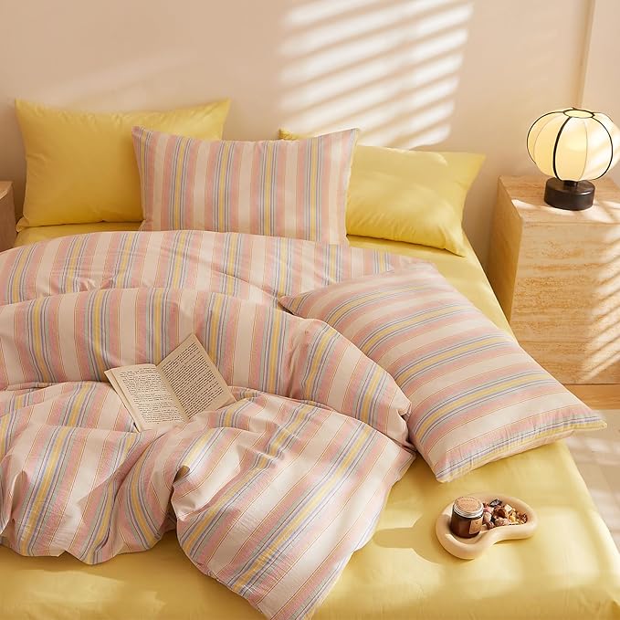 HighBuy Striped Comforter Set King Modern Pink Yellow Striped Comforter Set 3 Pieces Soft Fluffy Stripes Pattern Comforter with 2 Pillowcases Farmhouse Bedding Set King for Women Men