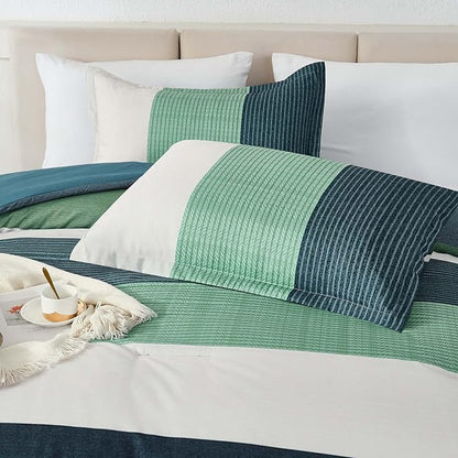 WONGS BEDDING Comforter Set Queen Size, 3 Pieces Blue Striped Patchwork Comforter for Queen Bed, Soft Microfiber Reversible Bedding Set for All Season (90"x90")