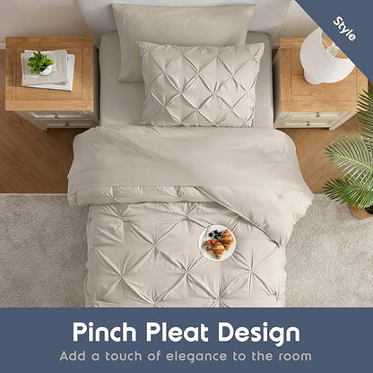 Nestl Twin XL Comforter Set 5 Piece - Pintuck Twin XL Bedding Set Beige, College Dorm Room Essentials Bed in a Bag, Twin XL Comforter Set for College Girls and Boys with Sheets, Pillowcase and Sham