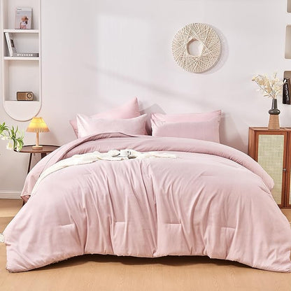 DECMAY Full Comforter Set with Sheets, 7 Pieces Pink Full Bedding Set, Cationic Dyeing Bed in a Bag with Comforter, Flat Sheet, Fitted Sheet, Pillowcase and Pillow Sham (Full, Pink) | full comforter set, full bedding set, full bed set