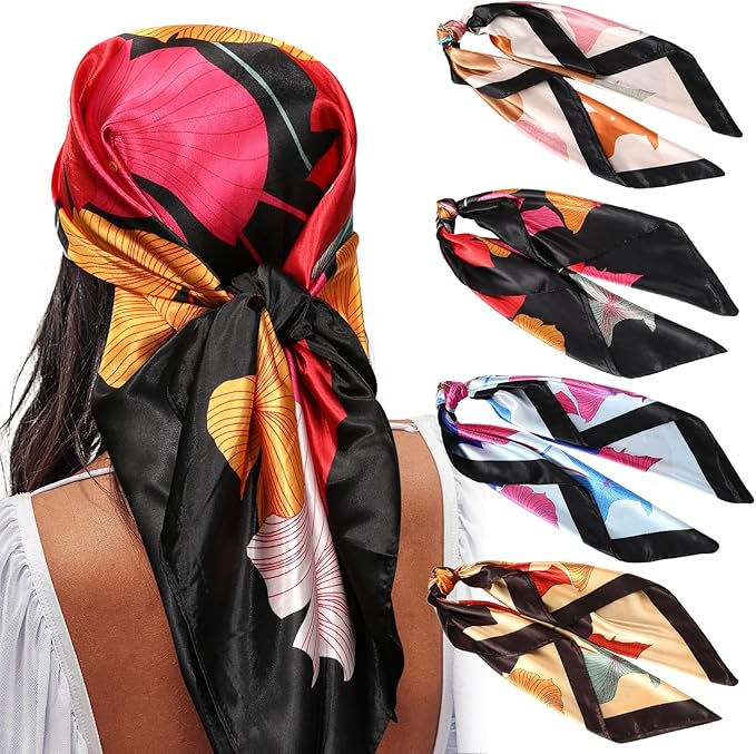AWAYTR 35” Satin Large Square Head Scarves - 4PCS Silk Like Neck Scarf Hair Sleeping Wraps Satin Silk Scarfs for Women
