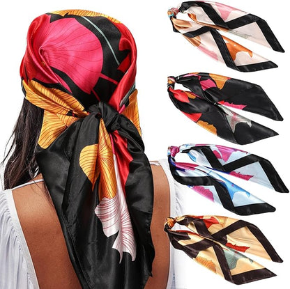 AWAYTR 35” Satin Large Square Head Scarves - 4PCS Silk Like Neck Scarf Hair Sleeping Wraps Satin Silk Scarfs for Women
