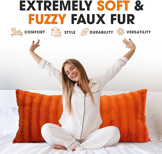 Cheer Collection Faux Fur Long Body Pillow - Accent Throw Pillow for Bed and Couch - Decorative Lumbar Pillow with Insert, Rust Orange (18" x 40")