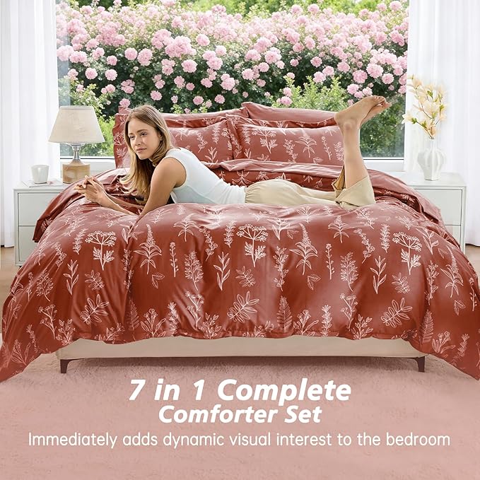 MUXHOMO Terracotta Full Comforter Set, Elegant Floral Print Bed in a Bag 7 Pieces, Ultra Soft & Breathable Reversible Botanical Pattern Bedding Set with Comforter, Sheets, Pillowcases, and Shams