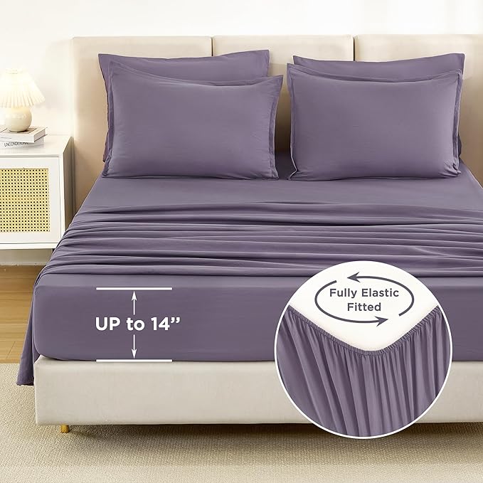 Litanika California King Comforter Set Grey Purple - 7 Pieces Bed in a Bag Cal King Bedding Comforter Sets, Plain Lightweight Bed Set with Comforter, Sheets, Pillowcases & Shams