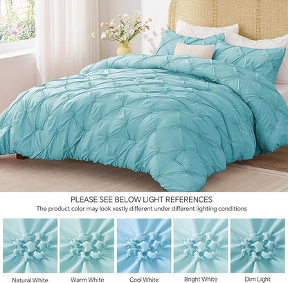 BEDELITE Macaron Blue Queen Comforter Set - 3 Pieces Boho Pintuck Bedding Comforter Sets, Lightweight Soft & Warm Bed Comforter Queen with 2 Pillowcases for All Season