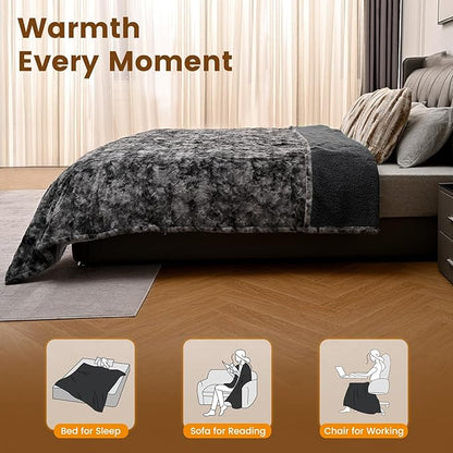 Bearhug Heated Blanket Full Size 77"x 84", Marble Black Electric Blanket, Reversible Faux Fur & Sherpa, 10 Heating Levels & 1-12H Auto Off, Over-Heat Protect, ETL, Washable Heated Blanket