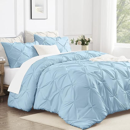 Andency Light Blue Pinch Pleat Comforter Twin(66x90Inch), 2 Pieces(1 Down Alternative Comforter and 1 Pillowcase) Bed Set Microfiber Pintuck Bedding Set