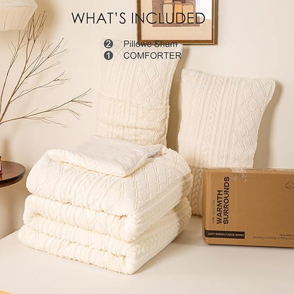 Luxurious Look Warm Plush 3D Jacquard Boho Sherpa Fleece King Comforter Set - Cream Cal/Cal King Reversible Ultra-Soft Bedding Down Alternative Comforter Fluffy Surface for Cozy Autumn Winter