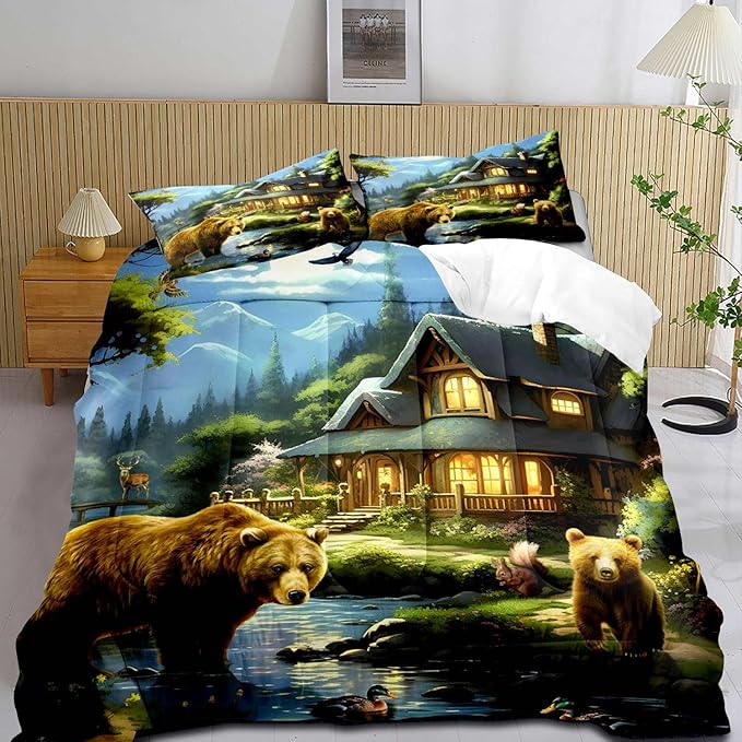 LUVIVIHOME 3PCS Cute Bear Comforter Set Full Size, Mallard Duck Deer Squirrel Lake Woodland Forest Animal Wildlife Country Lodge Rustic Farmhouse Cabin Bedding Sets for Kids Boys Girls, 2 Pillow Shams