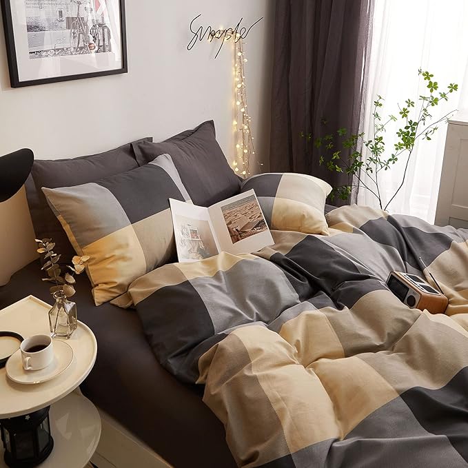 HighBuy King Size Comforter Set Khaki Plaid Comforter Sets King Gingham Checkered Grid Bedding Comforter Modern Geometric Pattern King Bed Comforter Set for All Seasons with 2 Pillowcases