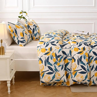 MUXHOMO Lemon Blossom Full Comforter Set, Elegant Floral Print Bed in a Bag 7 Pieces, Ultra Soft & Breathable Reversible Botanical Pattern Bedding Set with Comforter, Sheets, Pillowcases, and Shams