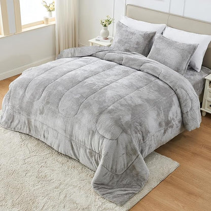 YIYEA Fluffy Queen Size Comforter Set, Luxury Faux Fur Comforter, Ultra Soft Plush Fuzzy Velvet Bedding Comforter Sets for Fall Winter, Cozy Warmth, No Shedding, 3PC, Queen, Light Grey