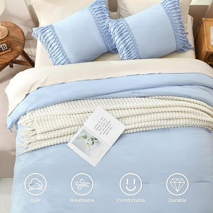 Andency Light Blue Comforter Set California King, 3 Pieces Boho Cal King Tassel Lightweight Soft Bedding Comforter Sets, Oversized Bed Set (104x96In Comforter & 2 Pillowcases)
