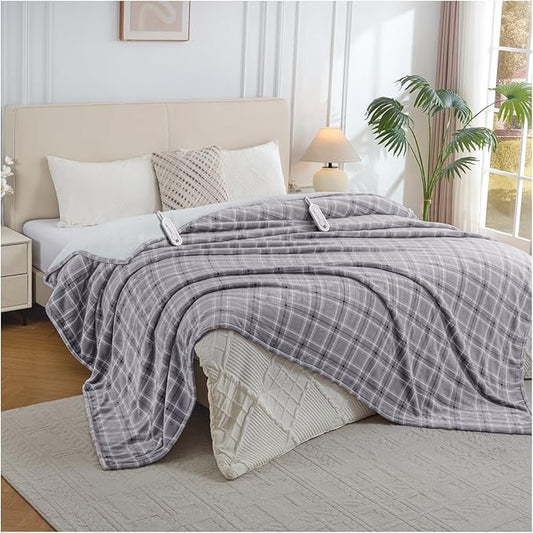 Electric Heated Blanket King Size, Dual Control Fast Heating Sherpa Blanket, 8 Heating Levels & 10 Hours Auto Off, Machine Washable with ETL & FCC Certified, Grey Plaid