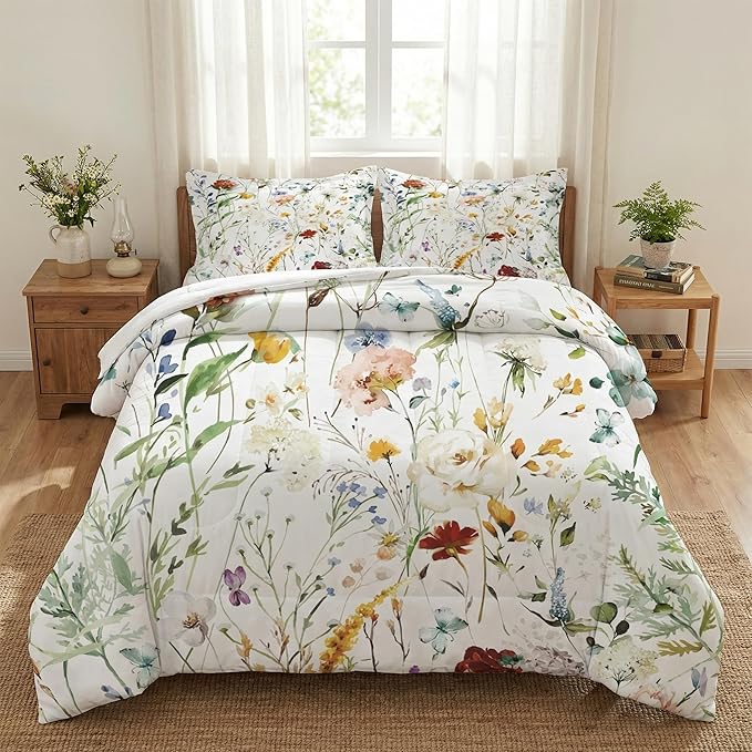 Twin Size Comforter Set with Pillowcase, Wildflower Flower Floral 2 Pcs Bedding for Kids and Adults, Boho Watercolor Butterfly Soft Comforter Set for Bedroom Bed Decor