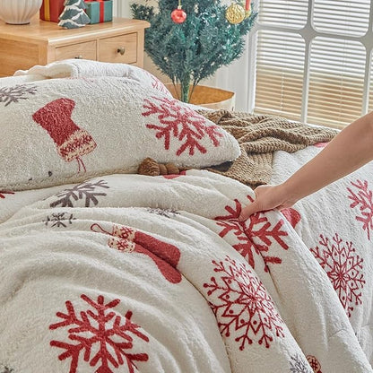 Christmas Sherpa Comforter Set King Size 3 Pieces Holiday Winter Bedding Microfiber Warm Fleece Comforter with 2 Pillow Shams - Thanksgiving New Year Gift Choice with Red Snowflake n Xmas Socks