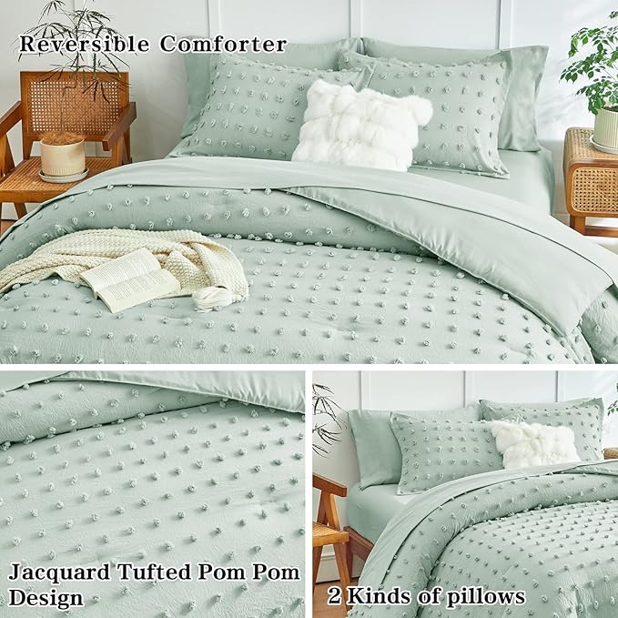 6 Pieces Tufted Dots Bed in a Bag Twin Comforter Set with Sheets Green , Soft and Embroidery Shabby Chic Boho Bohemian Comforters, Solid Color with Pom Pom Design, Jacquard Tufts Bedding Set for Kids