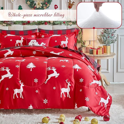 Christmas Bed in a Bag 7 Pcs King Size, White Deer Snowflake and Xmas Tree on Red Bedding Comforter Set Warm for Winter(1 Comforter, 1 Flat Sheet, 1 Fitted Sheet, 2 Pillow Shams, 2 Pillowcases)