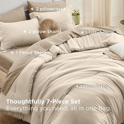 Bedsure Twin Comforter Set - 5 Pieces Light Beige Twin Bedding Set for All Seasons, Boho Contrasting Design Bed in a Bag with Comforter, Sheets, Pillowcase & Sham
